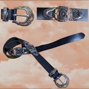 Urban Outfitters Black Leather Western Boho Flower Concho Belt, sz Medium